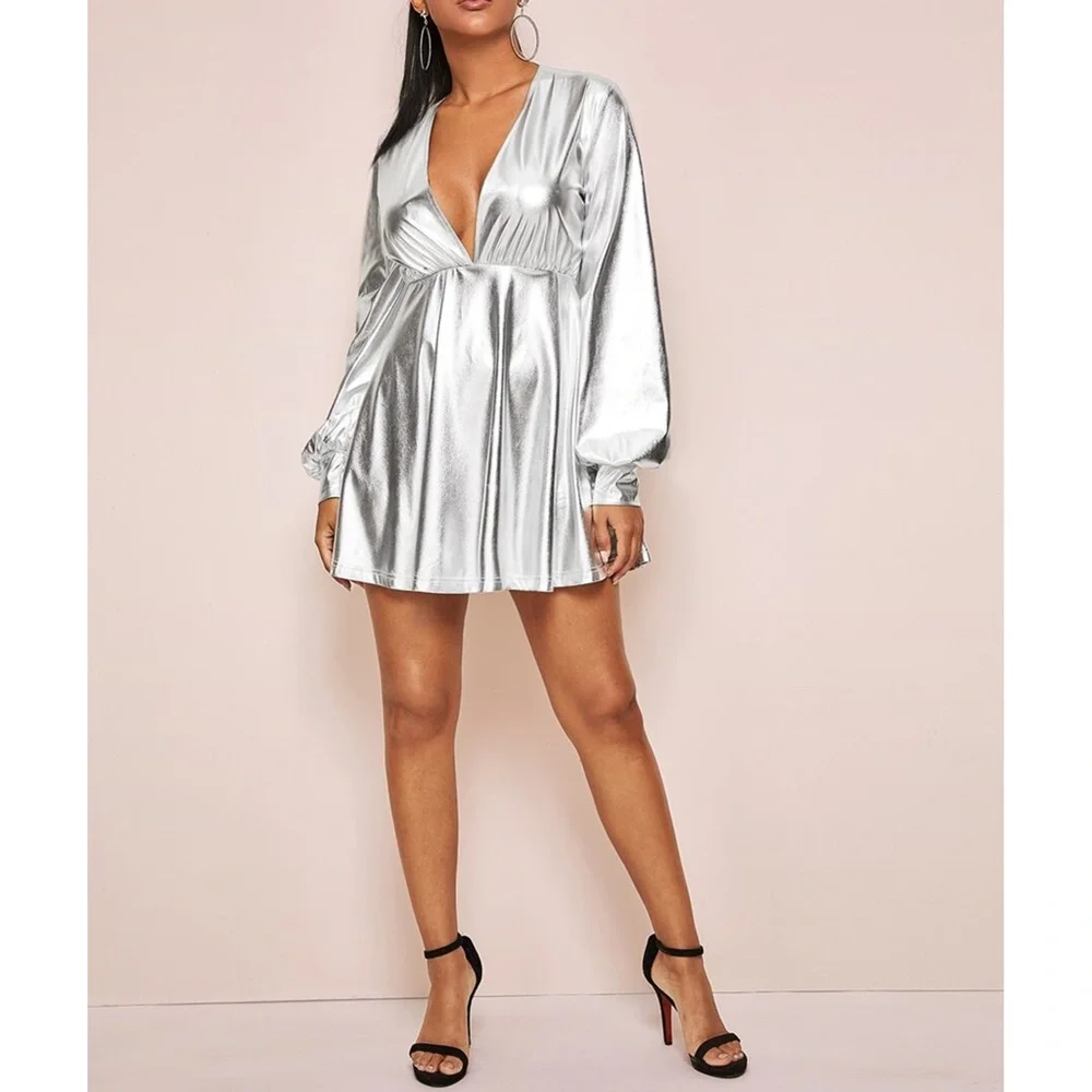 Silver Metallic Deep V Party Dress - Picture 4 of 5